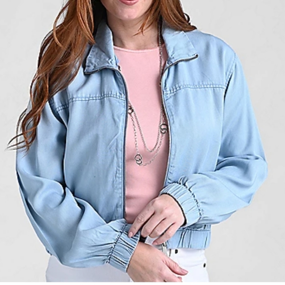 BACCINI 100% TENCEL Light Blue Zip-Up Bomber Jacket | Size L Christopher & Banks